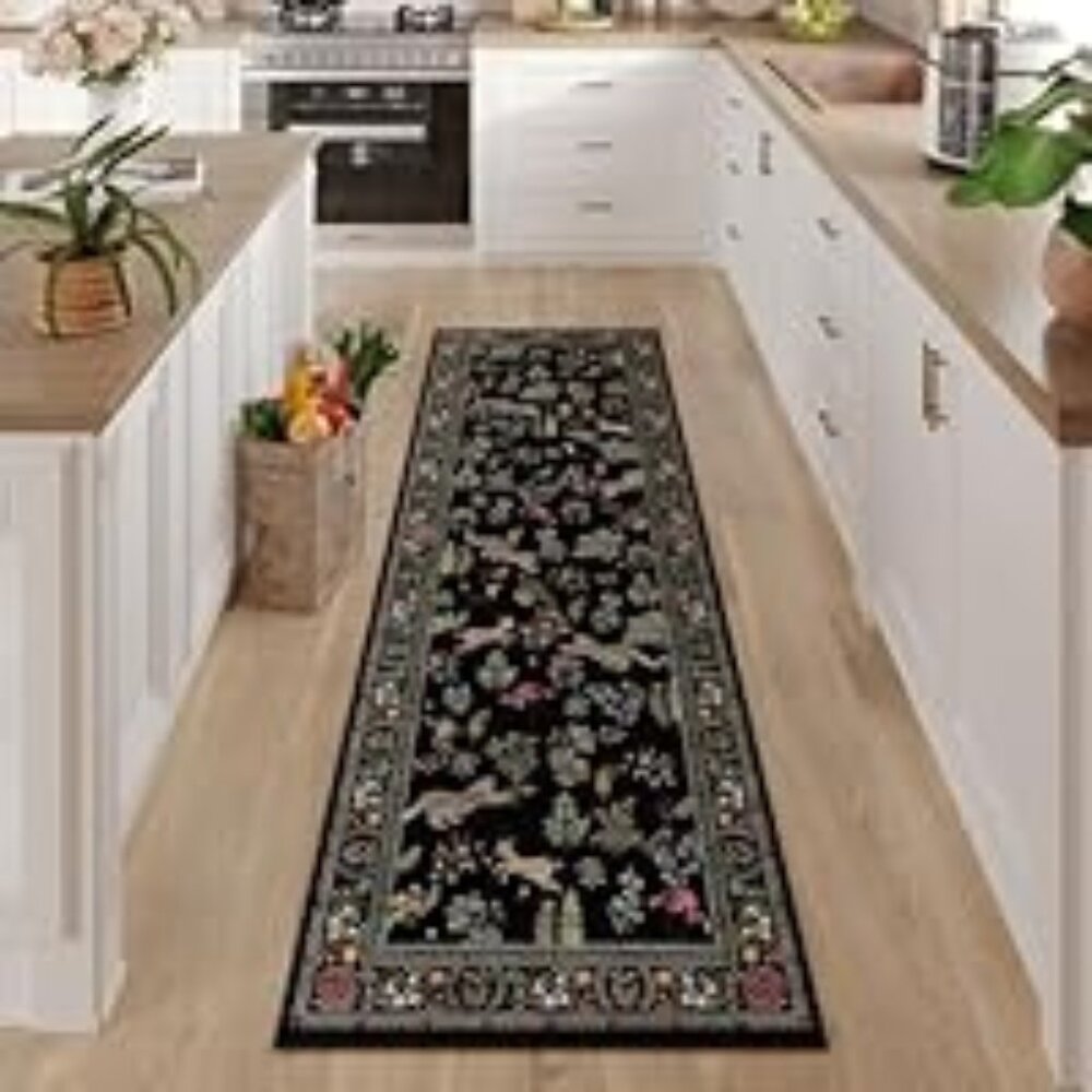 Black Tropical Animal Themed 2 x 6 Washable Rug Runner